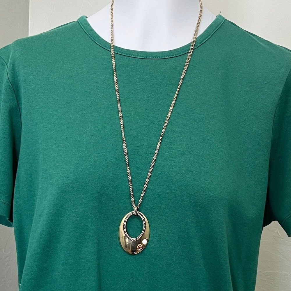 Lia Sophia Gold-tone Dual‎ chain Necklace Open Oval Pendant 31" jewelry